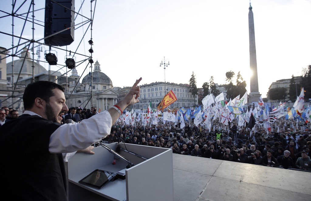 Matteo Salvini, leader della Lega Nord, parla a piazza del Popolo