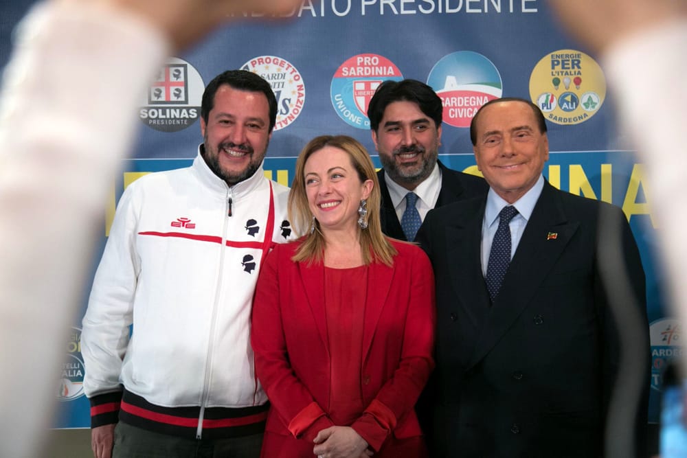 Solinas_Meloni_Berlusconi_Salvini_elezioni_Sardegna