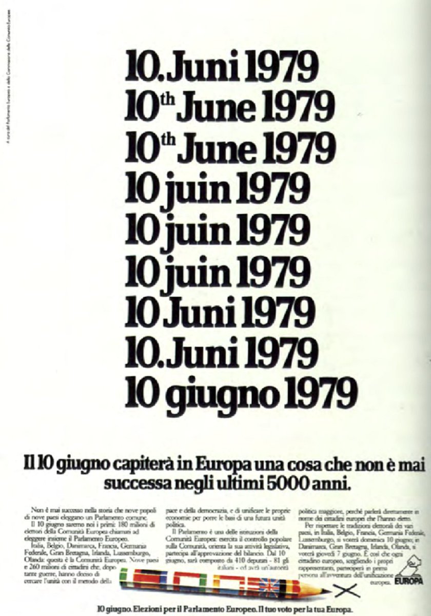 10 giugno 1979 - 180 milioni di elettori si recano alle urne in 9 paesi per le prime elezioni europee
